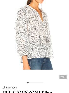 Ulla Johnson Cream Blouse with Black Micro Floral and Tassel Ties